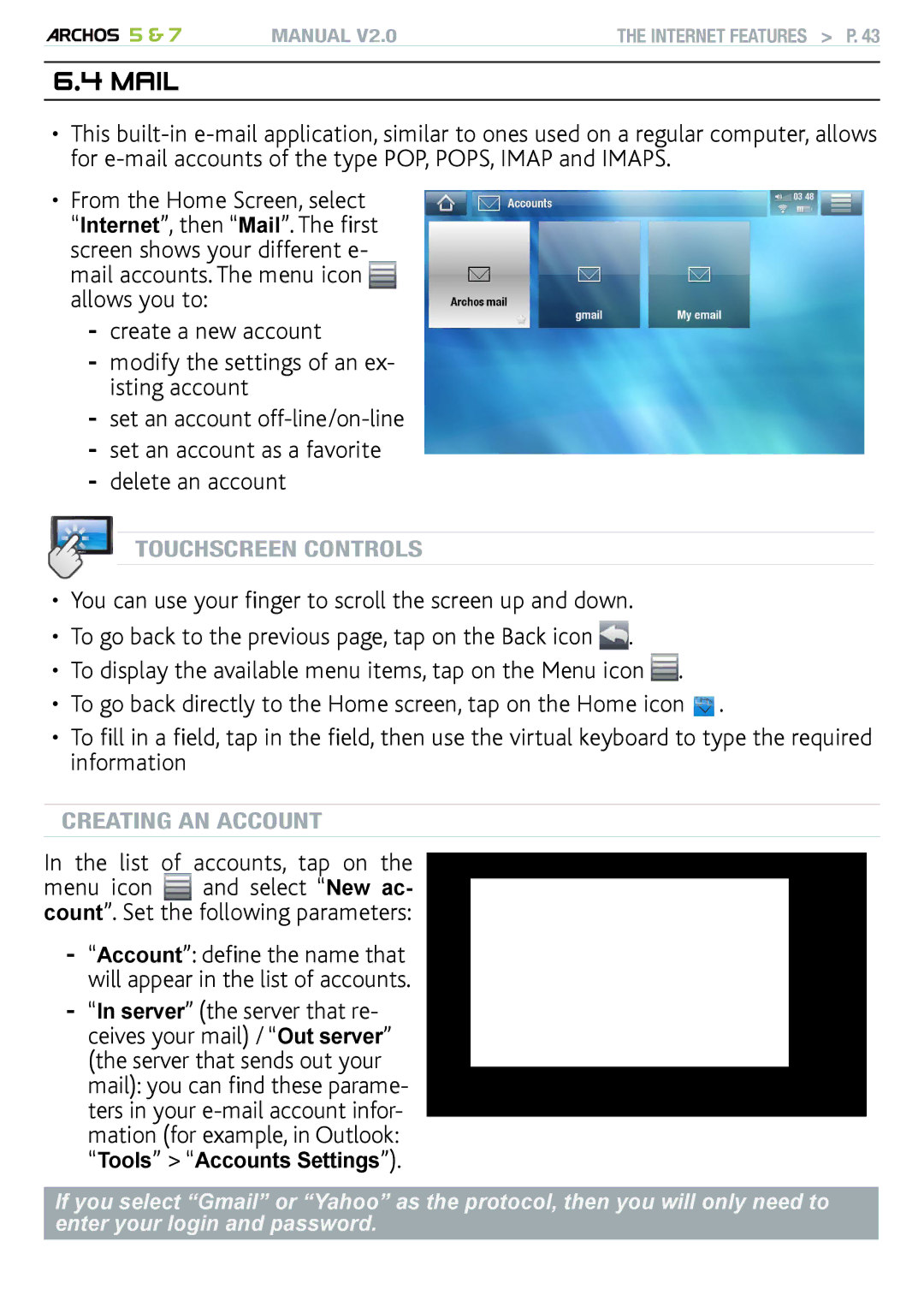 Archos 501570, R501313, 501308 user manual Mail, List of accounts, tap on 