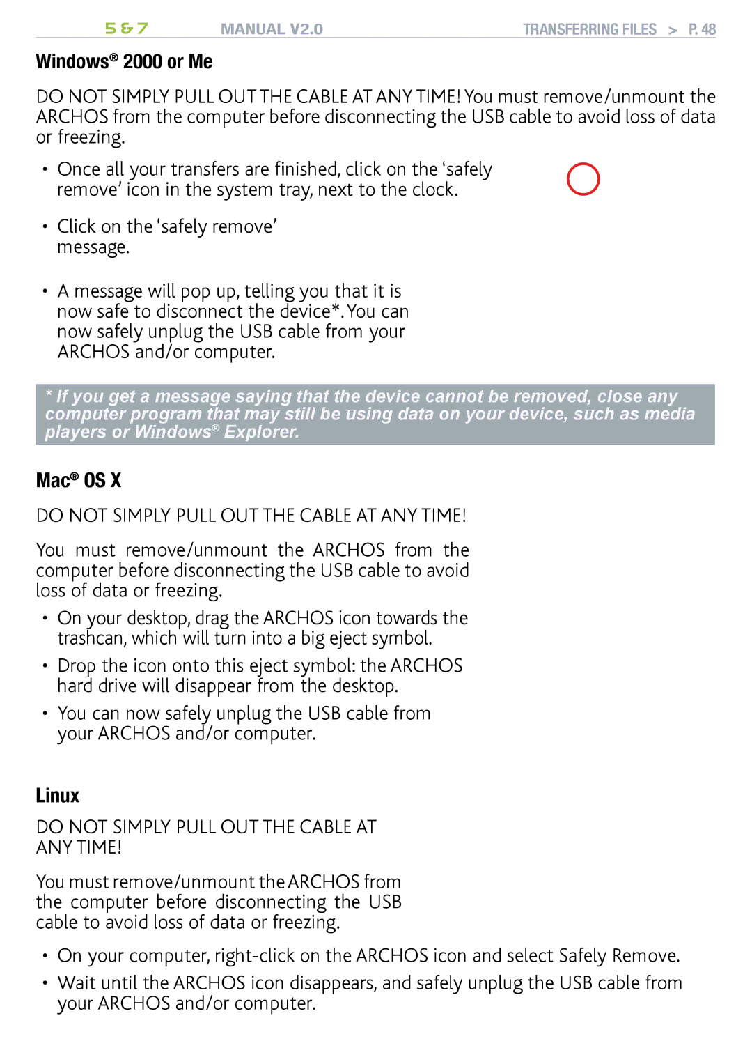 Archos R501313, 501308, 501570 user manual Windows 2000 or Me, Click on the ‘safely remove’ message 