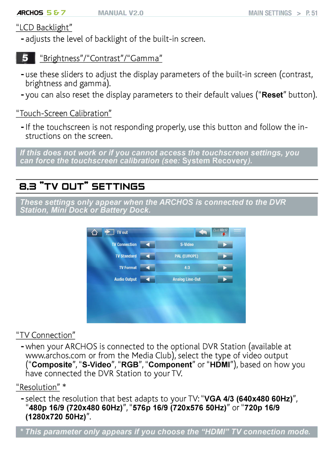 Archos 501570, R501313, 501308 user manual TV OouTt sSeTTIttings, TV Connection Resolution 