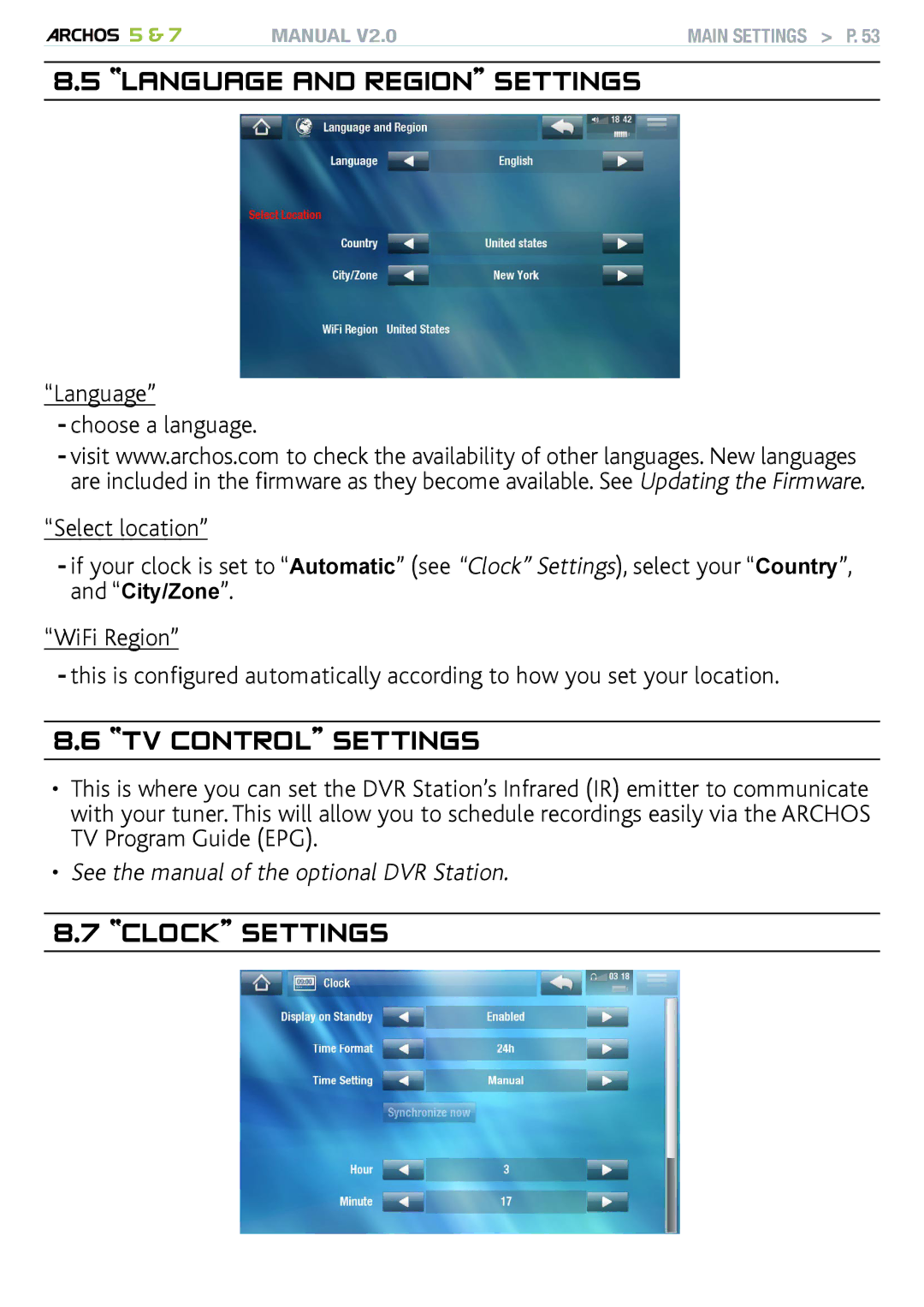 Archos R501313, 501308, 501570 user manual Language and Region Settings, TV control settings, Clock Settings 