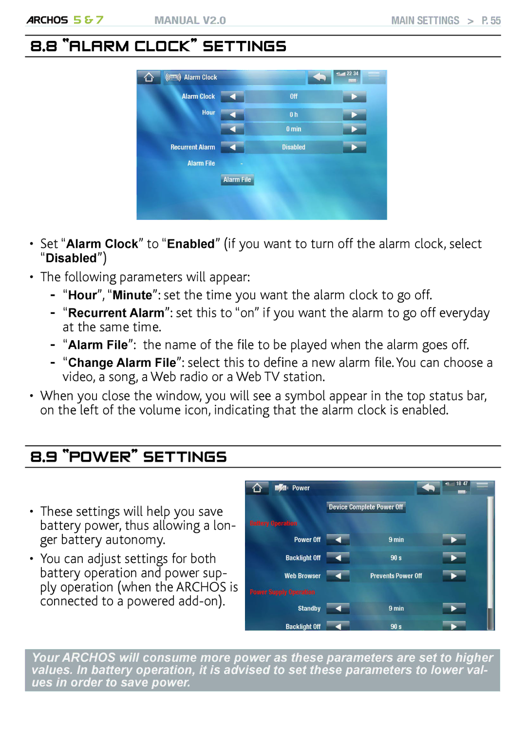 Archos 501570, R501313, 501308 user manual AlarMm CclOCock sSeTTIttings, Power Settings 