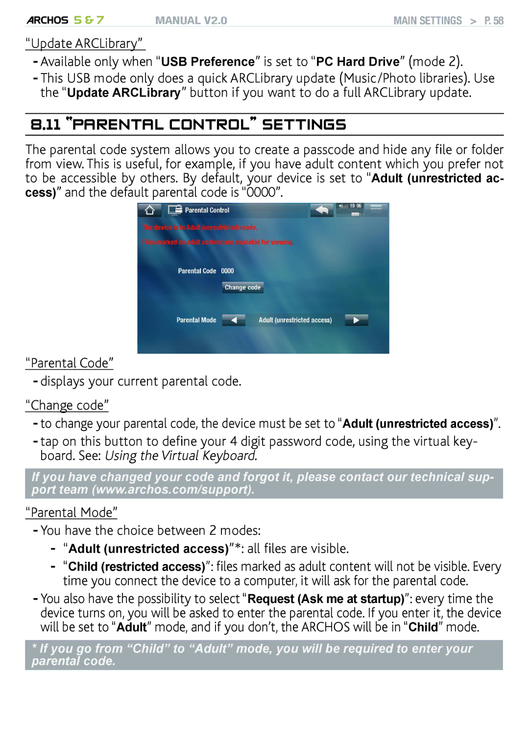 Archos 501308, R501313, 501570 user manual Parental control settings 