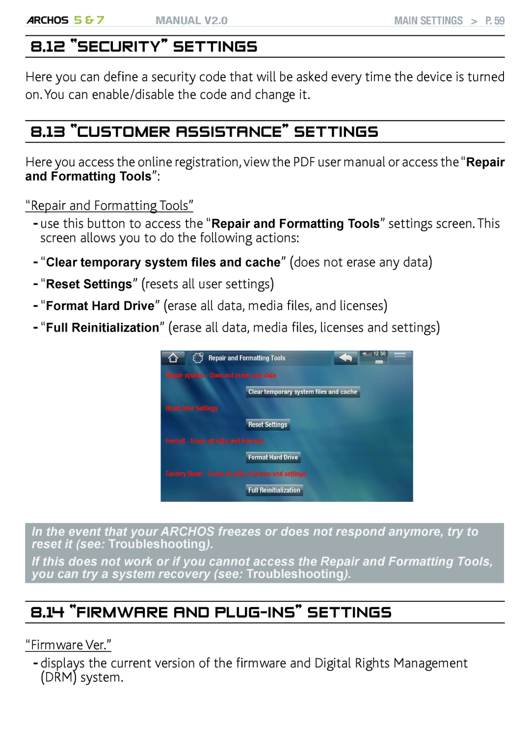 Archos 501570, R501313, 501308 SSecurityC IT settingsTTI, Customer assistance settings, Firmware and plug-ins settings 