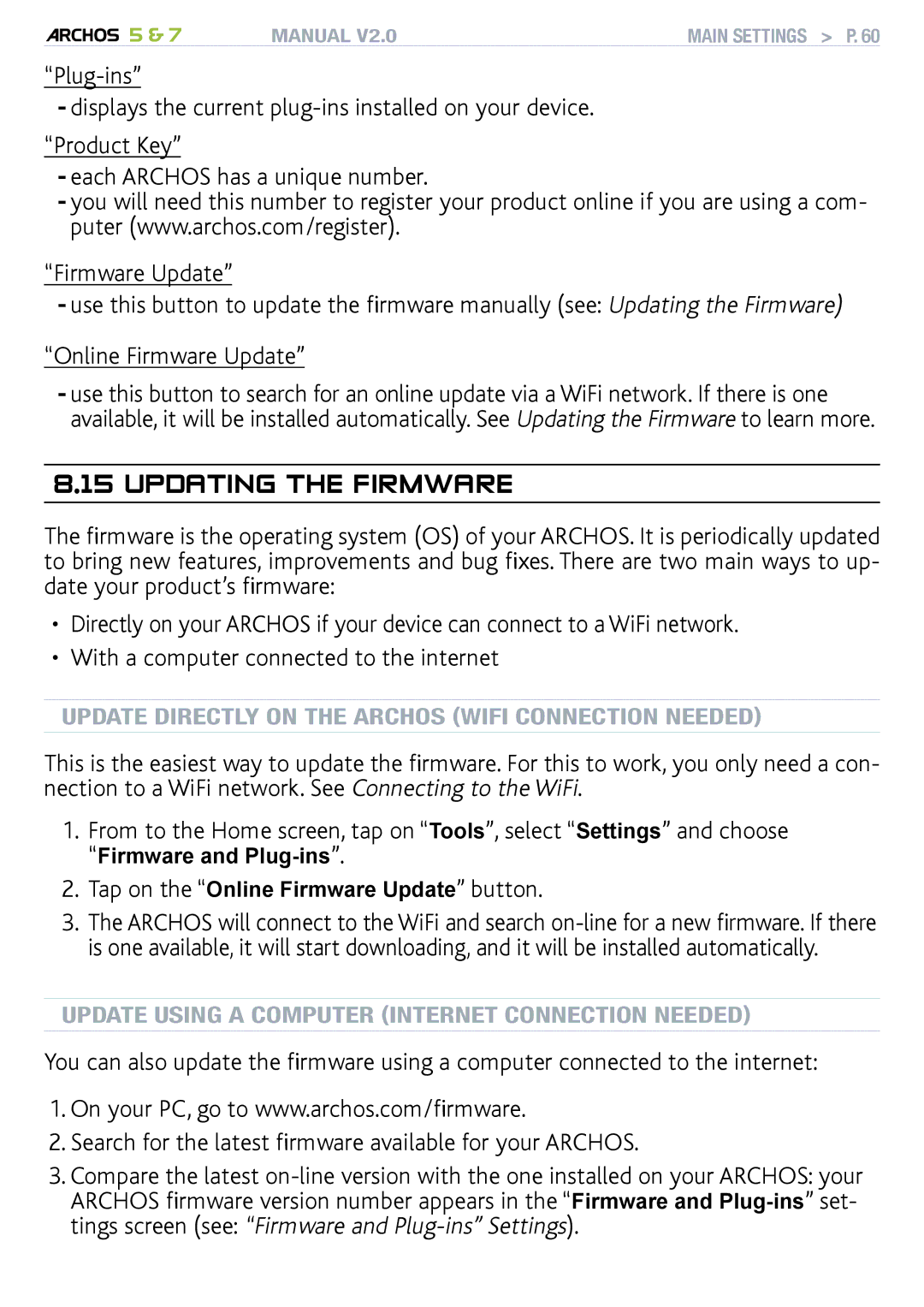 Archos R501313, 501308, 501570 user manual Updating the Firmware 