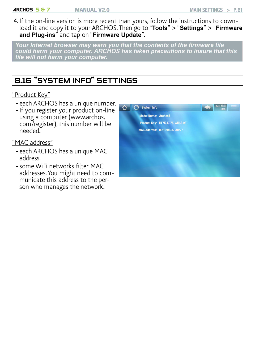 Archos R501313, 501308, 501570 user manual System Info Settings 