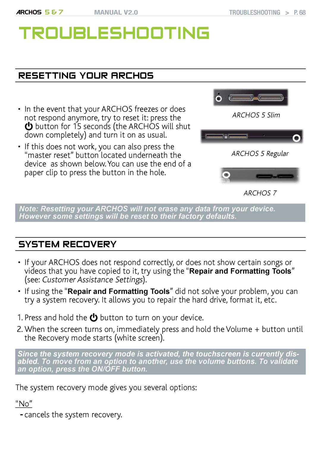 Archos R501313, 501308, 501570 user manual Troubleshooting, Resetting your Archos, System recovery 