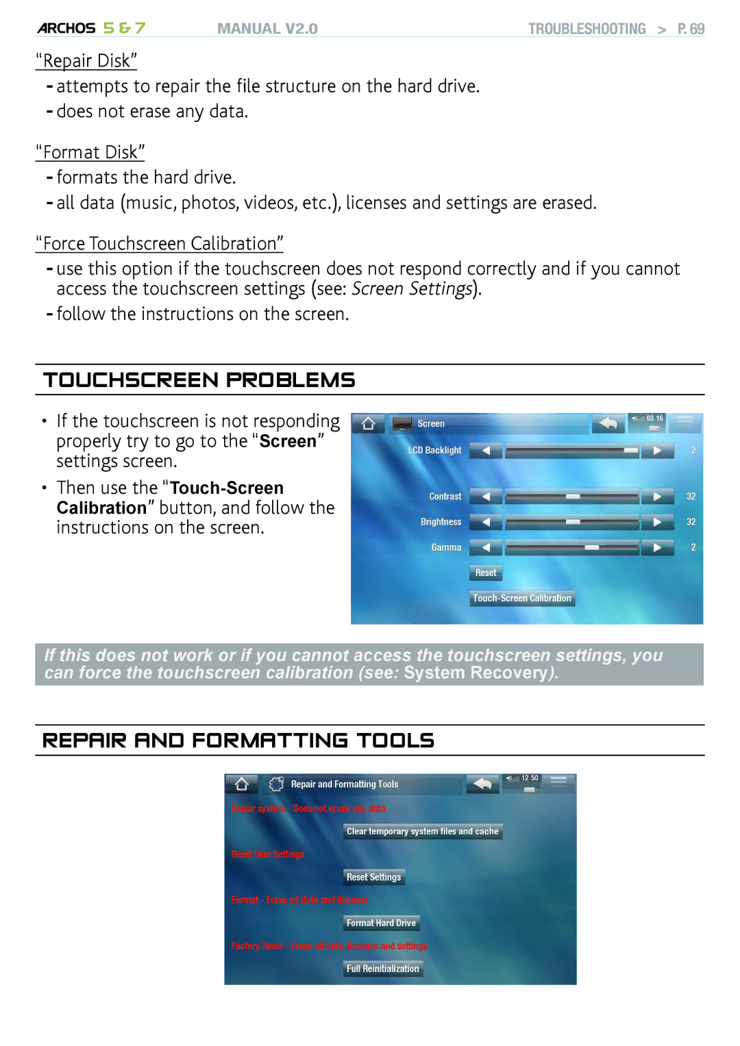 Archos R501313, 501308, 501570 user manual Touchscreen problems, Repair and Formatting Tools 