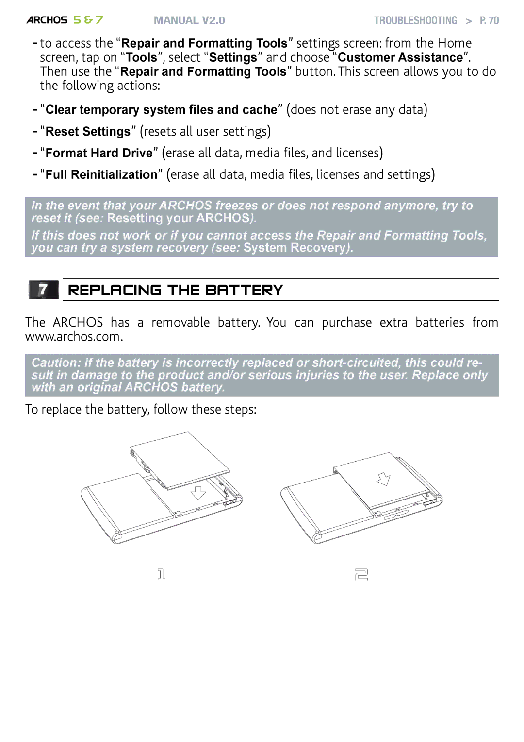 Archos 501308, R501313, 501570 user manual Replacing the Battery, To replace the battery, follow these steps 