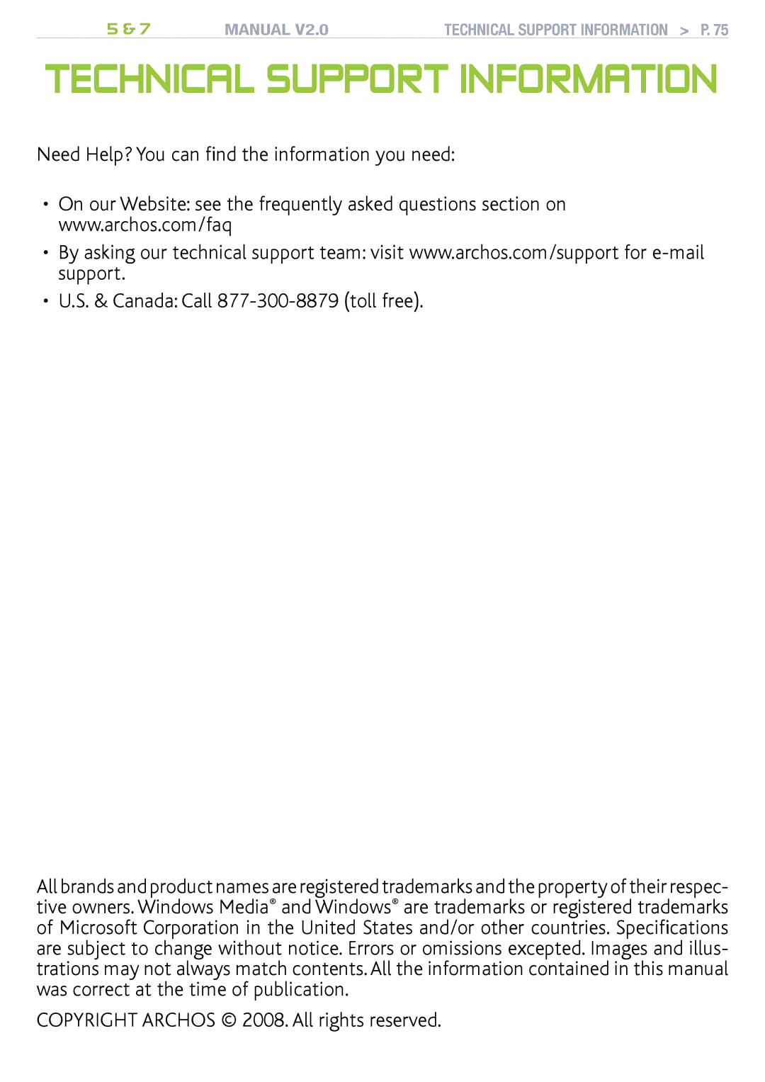 Archos 501570, R501313, 501308 user manual Technical Support information, Copyright Archos 2008. All rights reserved 