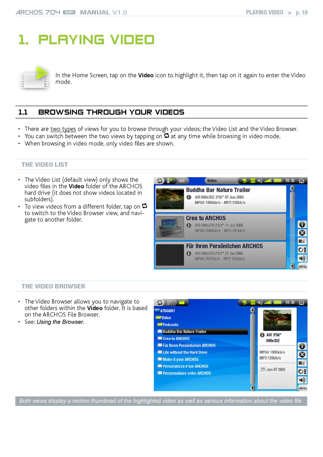 Archos 704 user manual Playing Video, Video List, Video Browser 