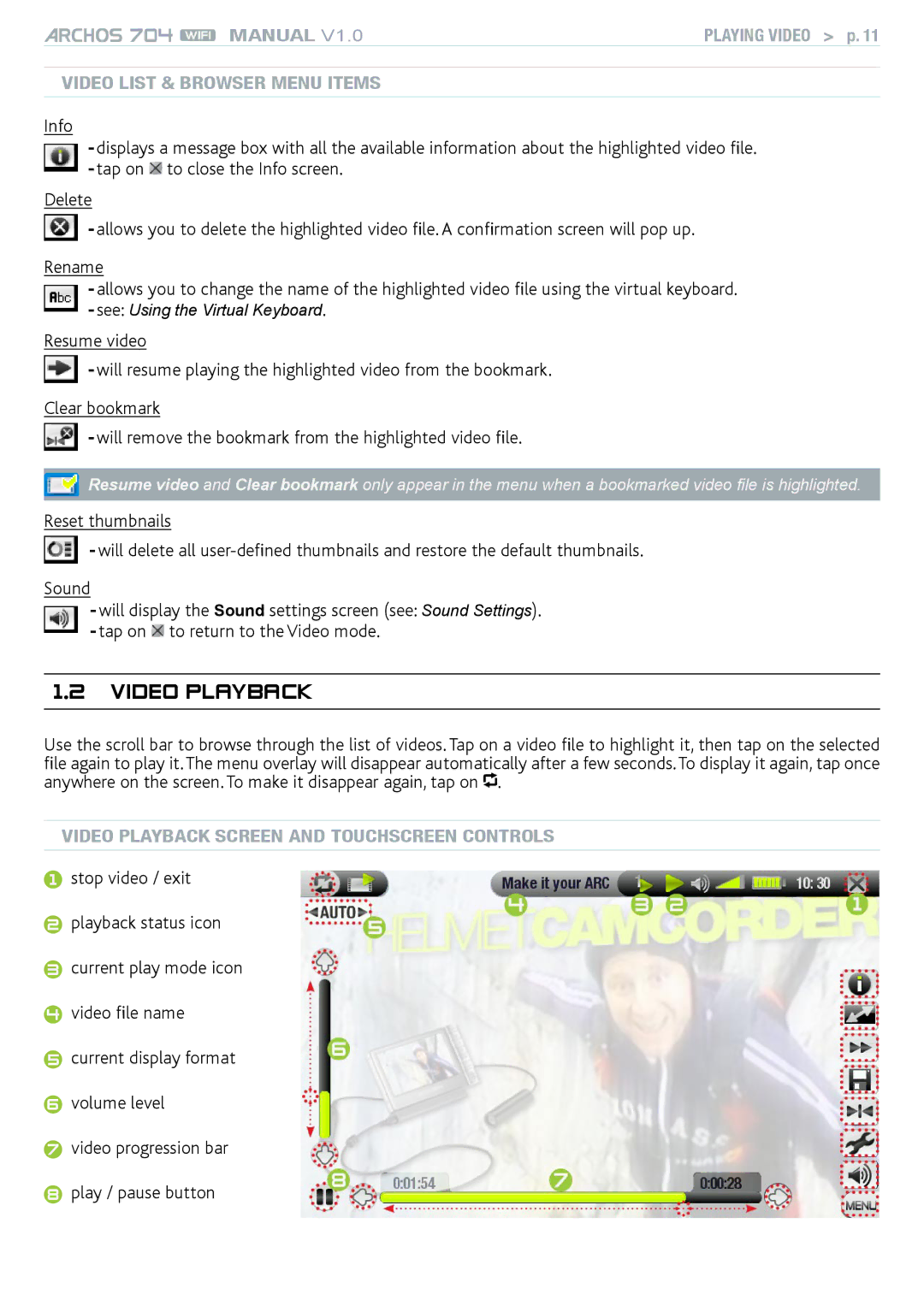 Archos 704 user manual Video playback, Video List & Browser Menu Items, Video Playback Screen and TouchScreen Controls 