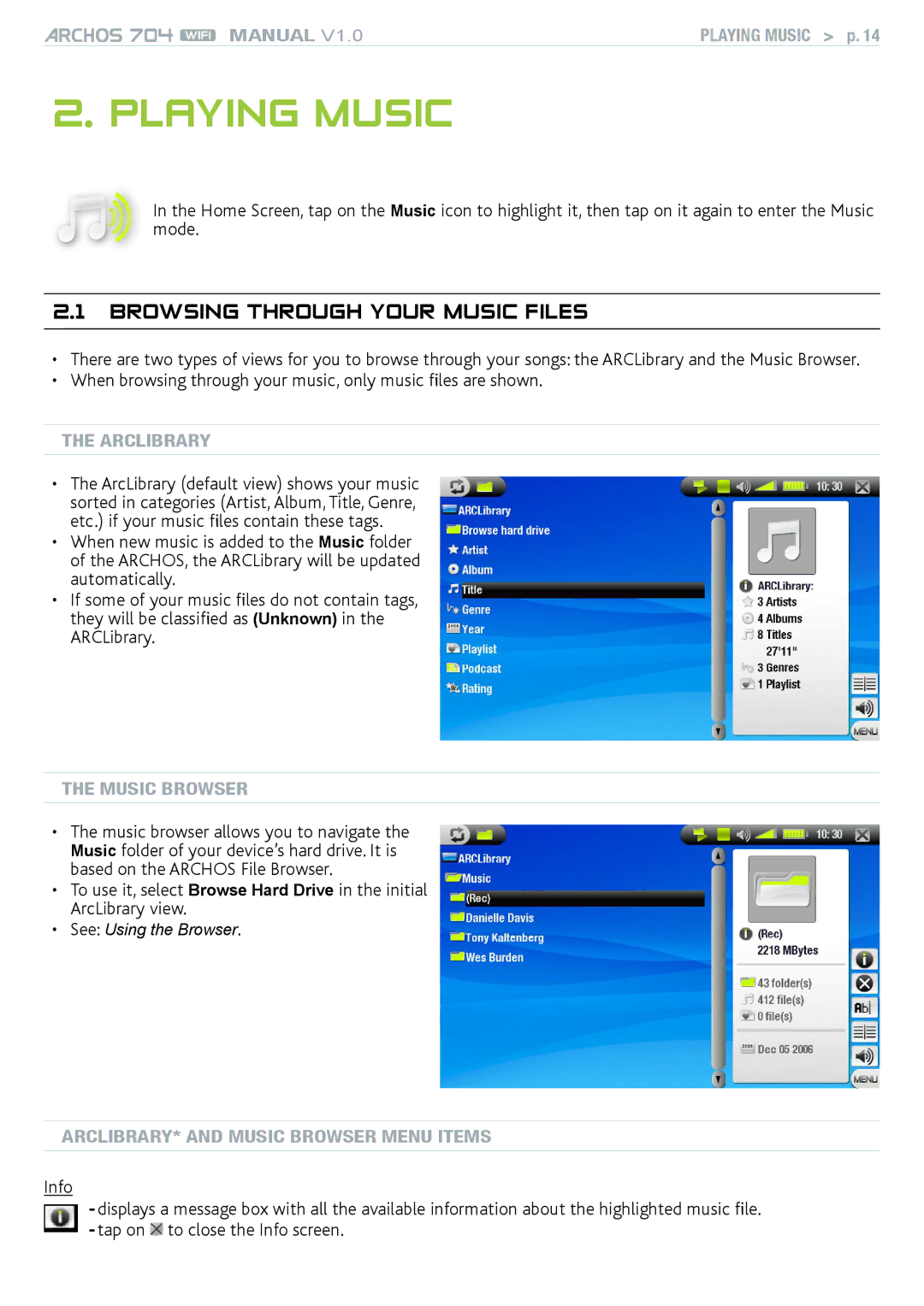 Archos 704 user manual Playing Music, Browsing through your music files, ArcLibrary, Music Browser 