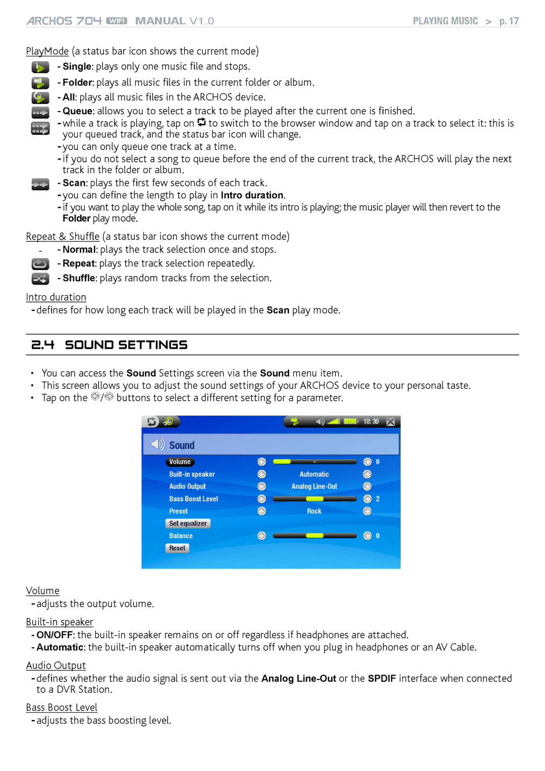 Archos 704 user manual Sound Settings 