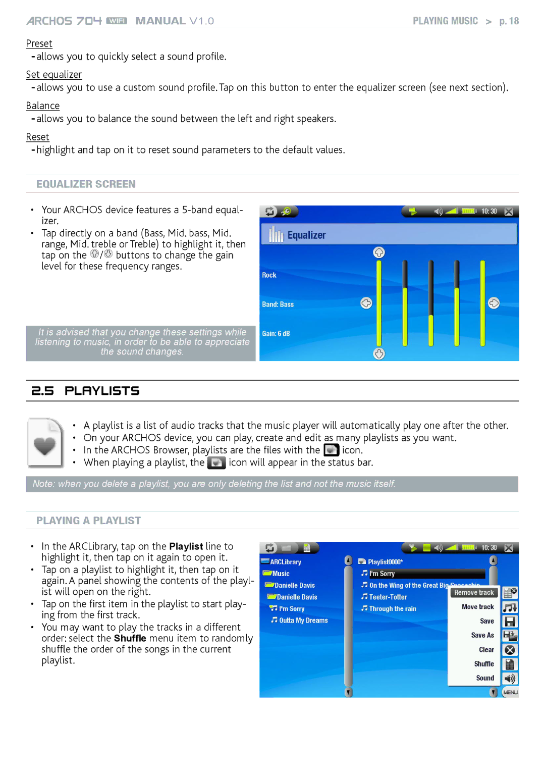 Archos 704 user manual Playlists, Equalizer Screen, Playing a Playlist 