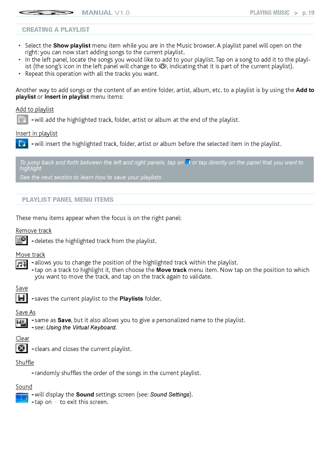 Archos 704 user manual Repeat this operation with all the tracks you want, Creating a Playlist, Playlist Panel Menu Items 