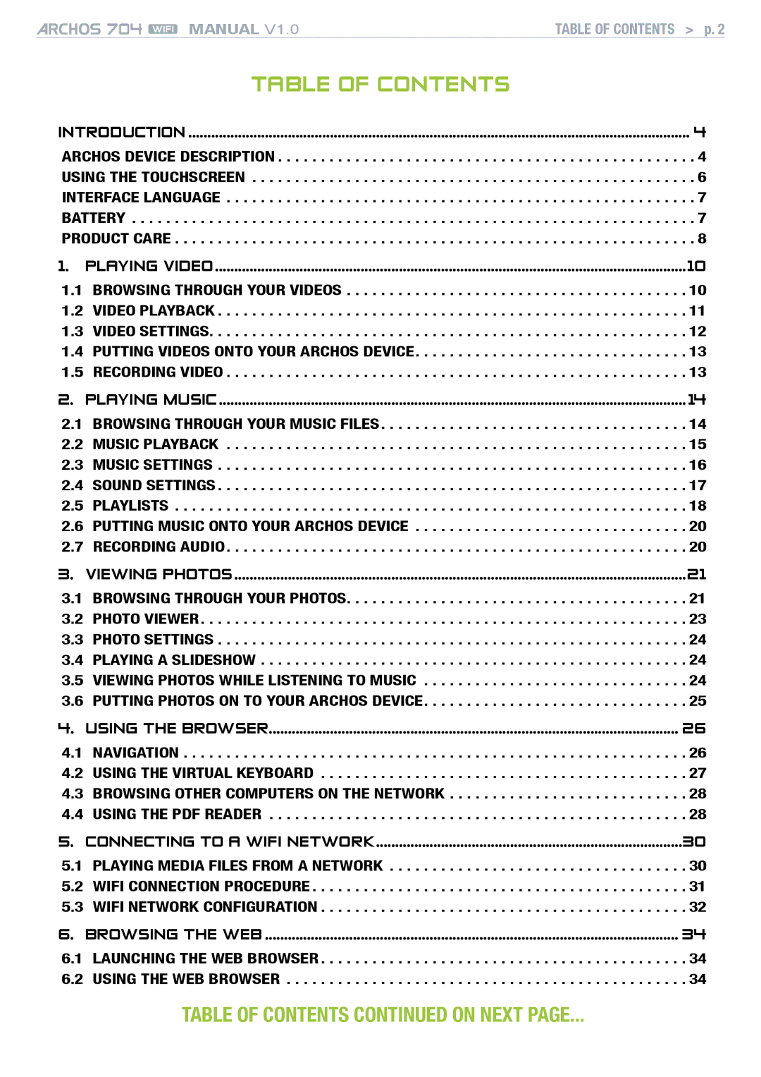 Archos 704 user manual Table Of Contents 