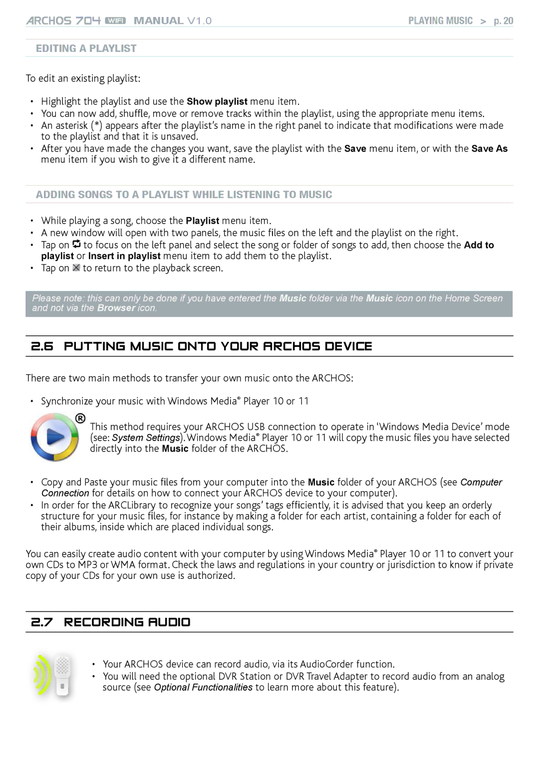 Archos 704 user manual Putting music onto your Archos device, Recording Audio, Editing a Playlist 