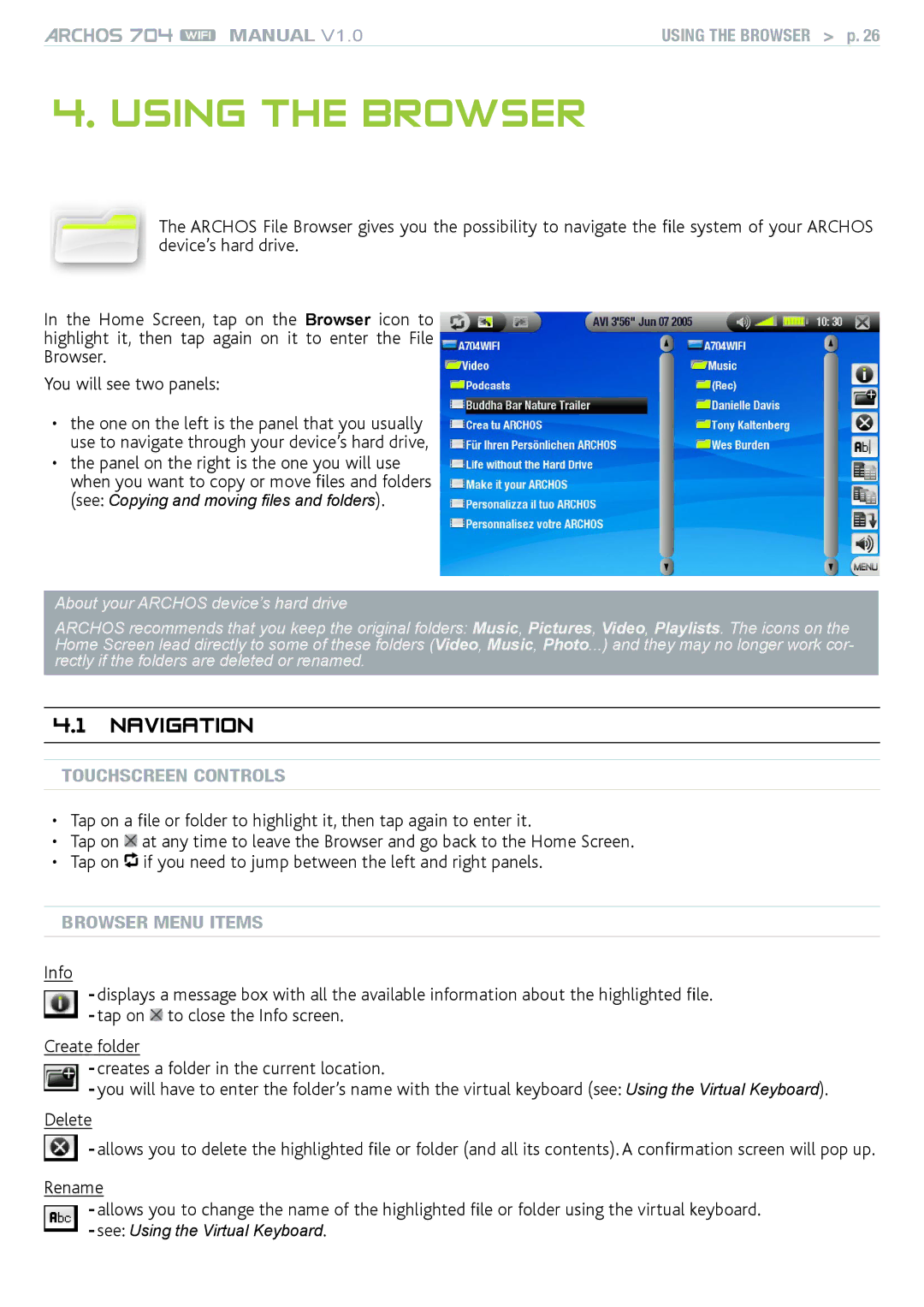 Archos 704 user manual Using the Browser, Navigation, Touchscreen Controls, Browser Menu Items 