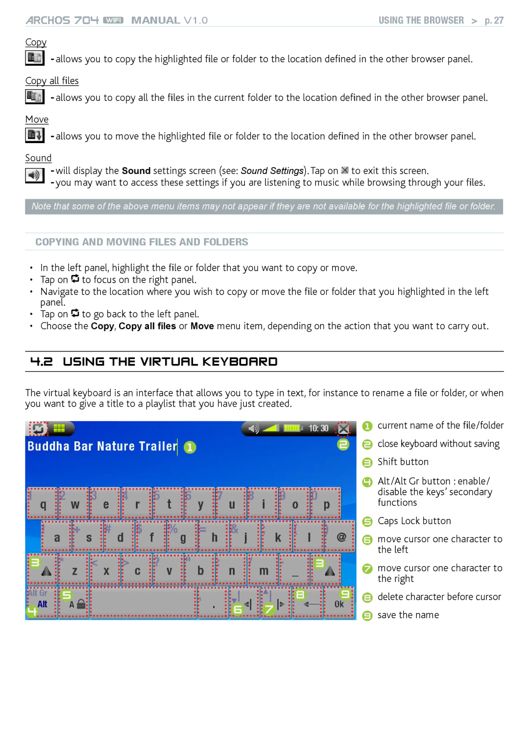 Archos 704 user manual Using the Virtual Keyboard, Copying and moving files and folders 