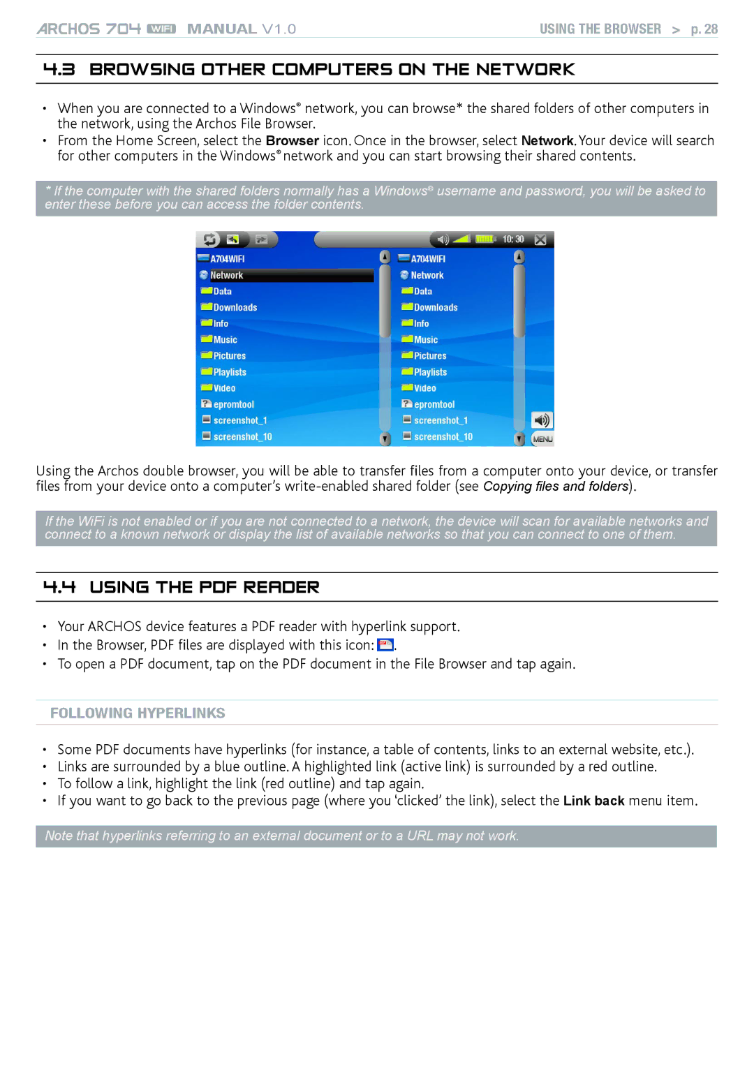 Archos 704 user manual Browsing Other Computers on the Network, Following Hyperlinks 