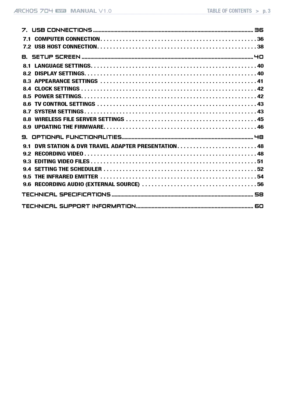 Archos 704 user manual USB connections, Setup screen, Optional Functionalities, Technical Specifications, Table of Contents 