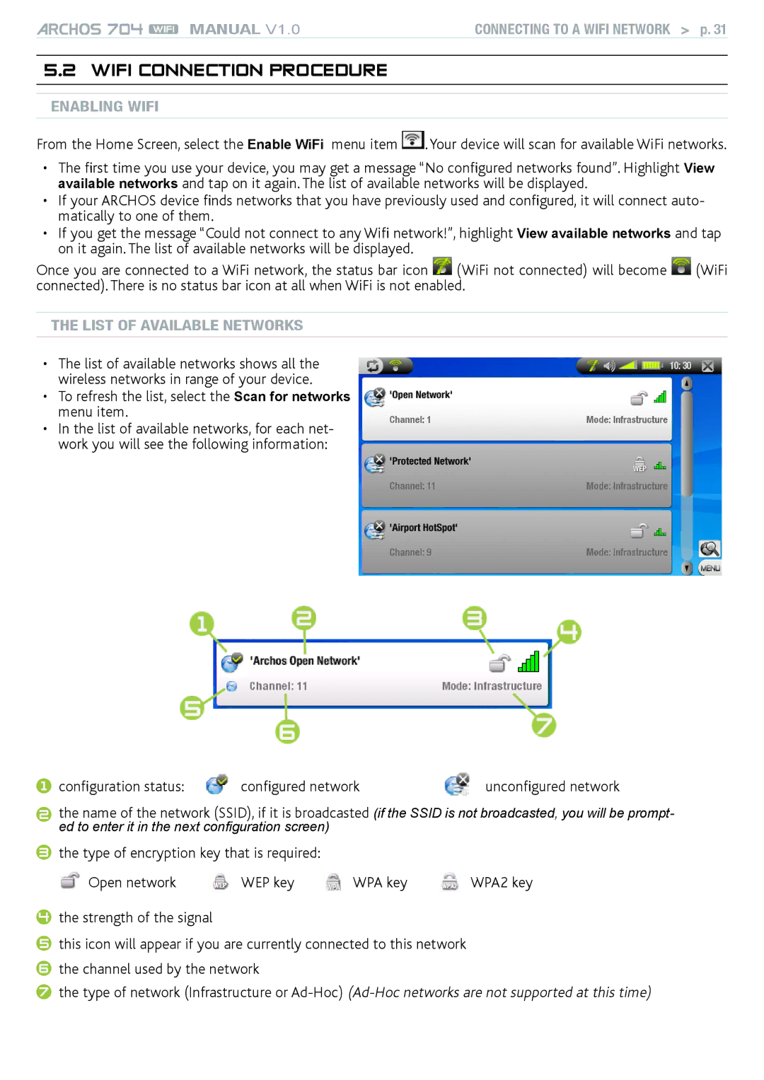 Archos 704 WiFi Connection Procedure, To refresh the list, select the Scan for networks menu item, Enabling WiFi 