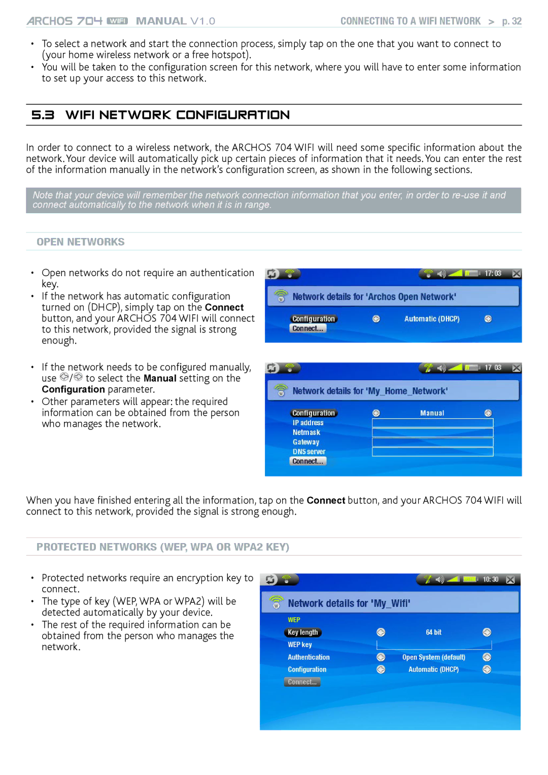 Archos 704 user manual WiFi Network Configuration, Protected networks require an encryption key to connect 