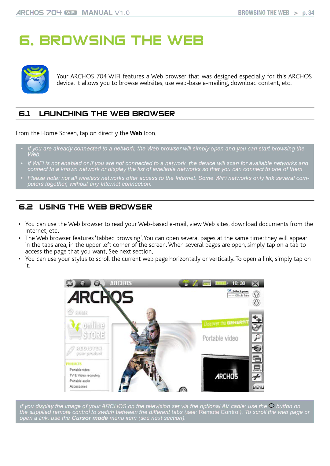 Archos 704 user manual Launching the web browser, Using the web browser, Browsing the Web p 