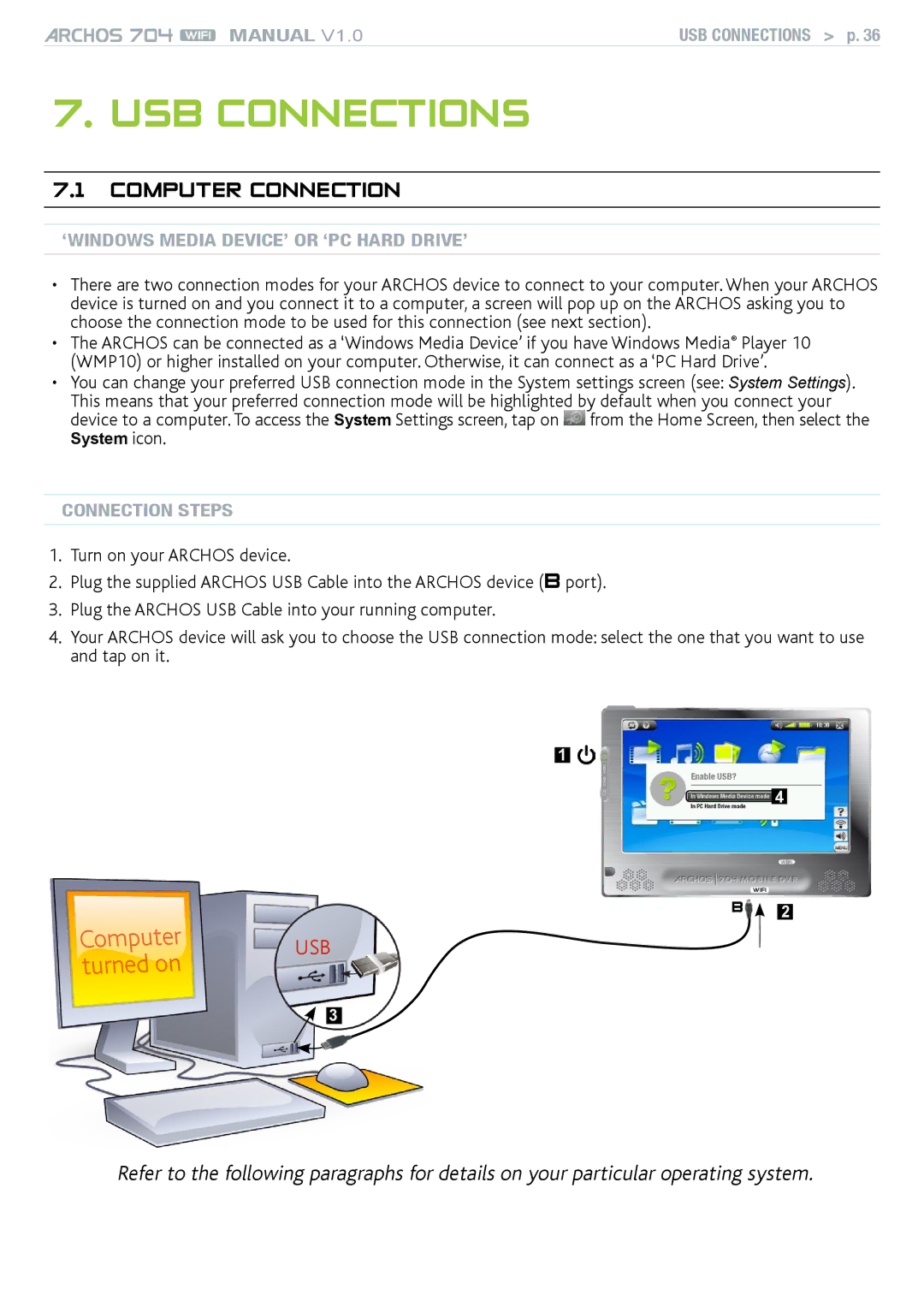 Archos 704 user manual USB connections, Computer Connection, ‘Windows Media Device’ or ‘PC Hard Drive’, Connection Steps 