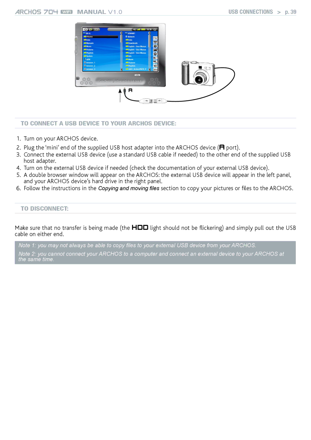 Archos 704 user manual To connect a USB device to your Archos device, To disconnect 