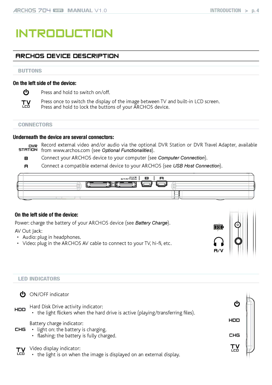 Archos 704 user manual Introduction, Archos device description, On the left side of the device 