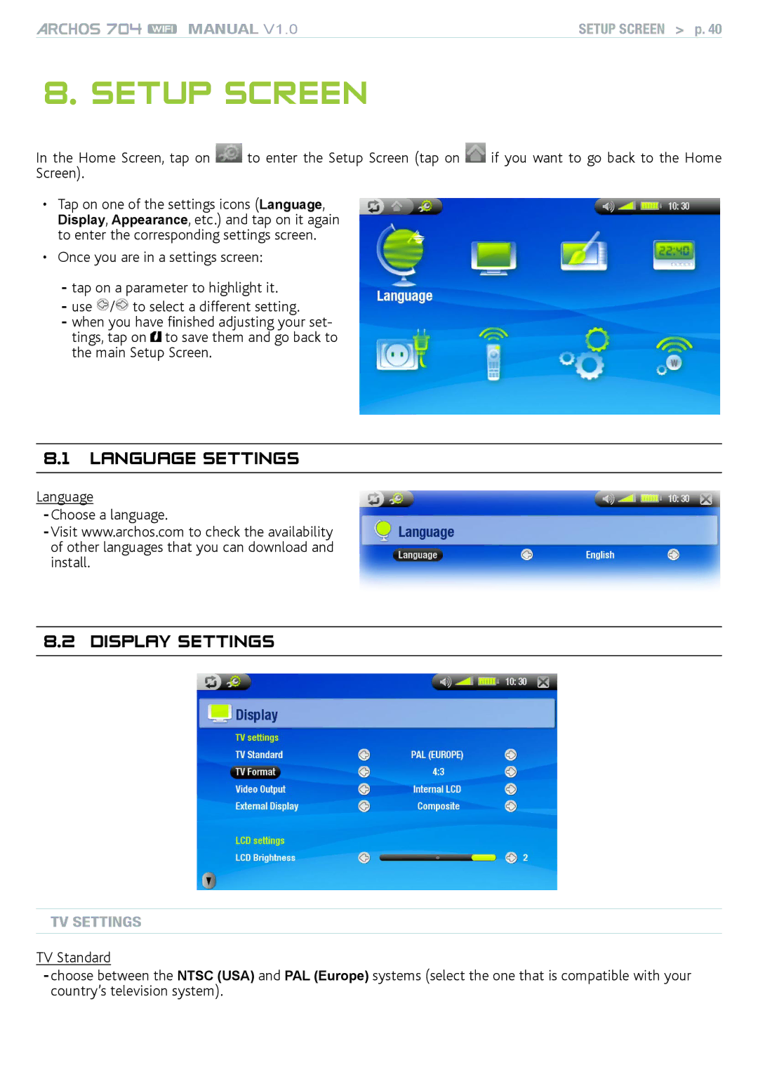 Archos 704 user manual Setup screen, Language Settings, Display Settings, Language Choose a language, TV settings 