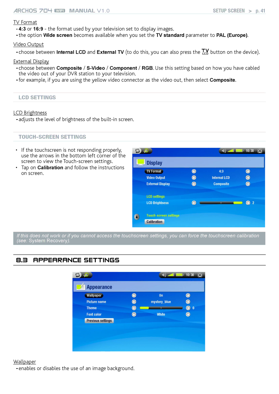 Archos 704 user manual Appearance settings, Tap on Calibration and follow the instructions on screen, LCD settings 