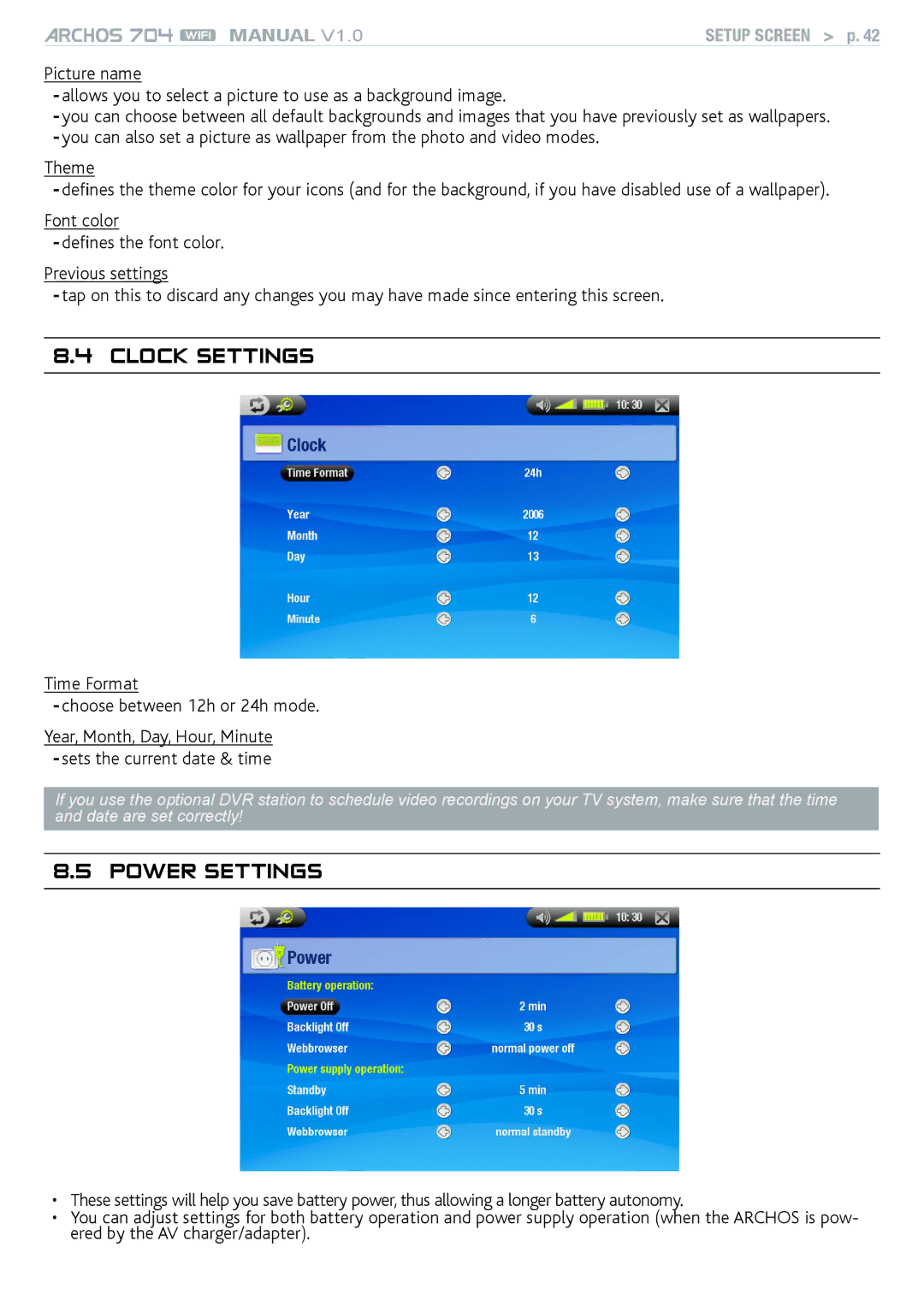 Archos 704 user manual Clock Settings, Power Settings 