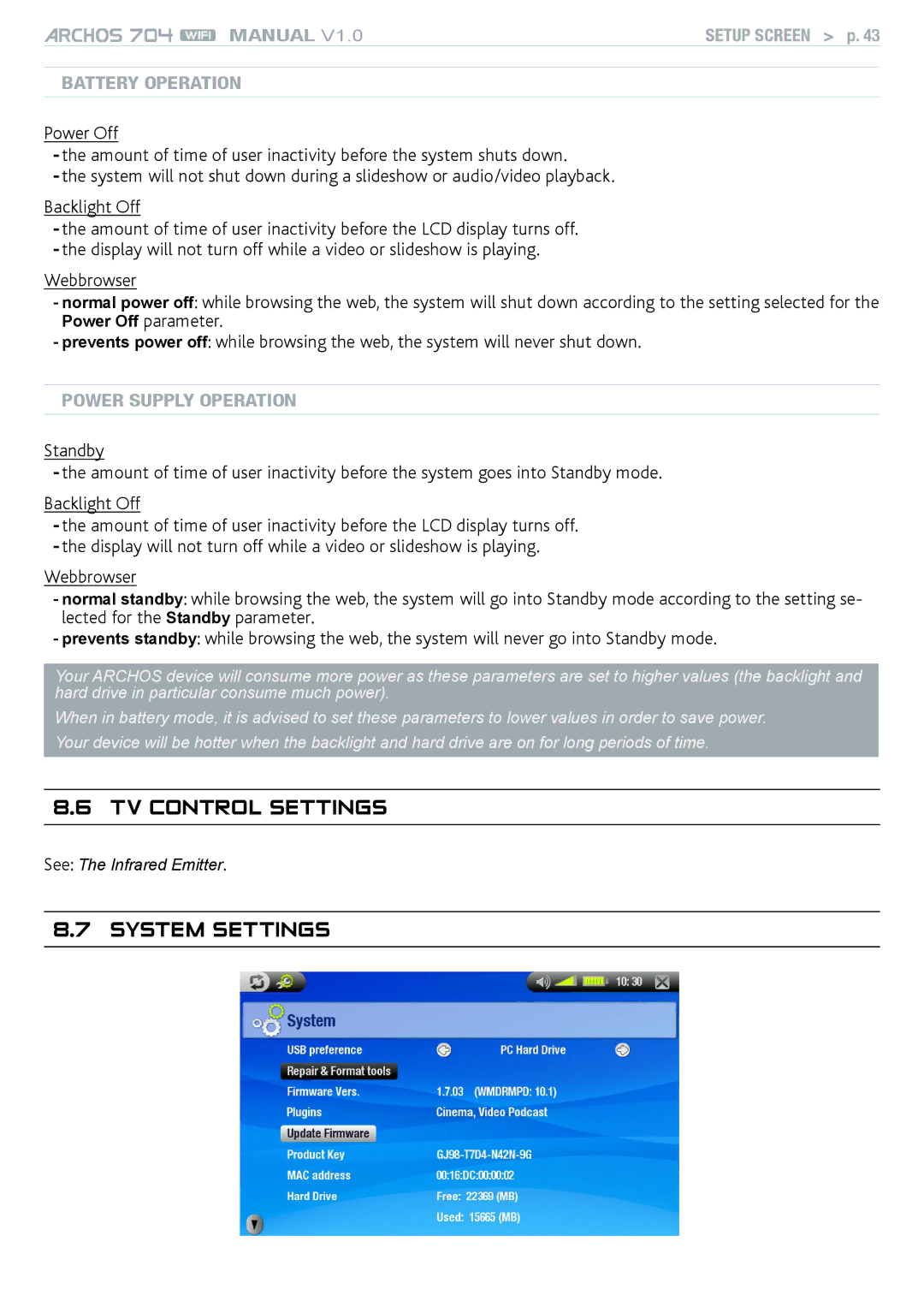 Archos 704 user manual TV control settings, System Settings, Battery operation, Power supply operation 