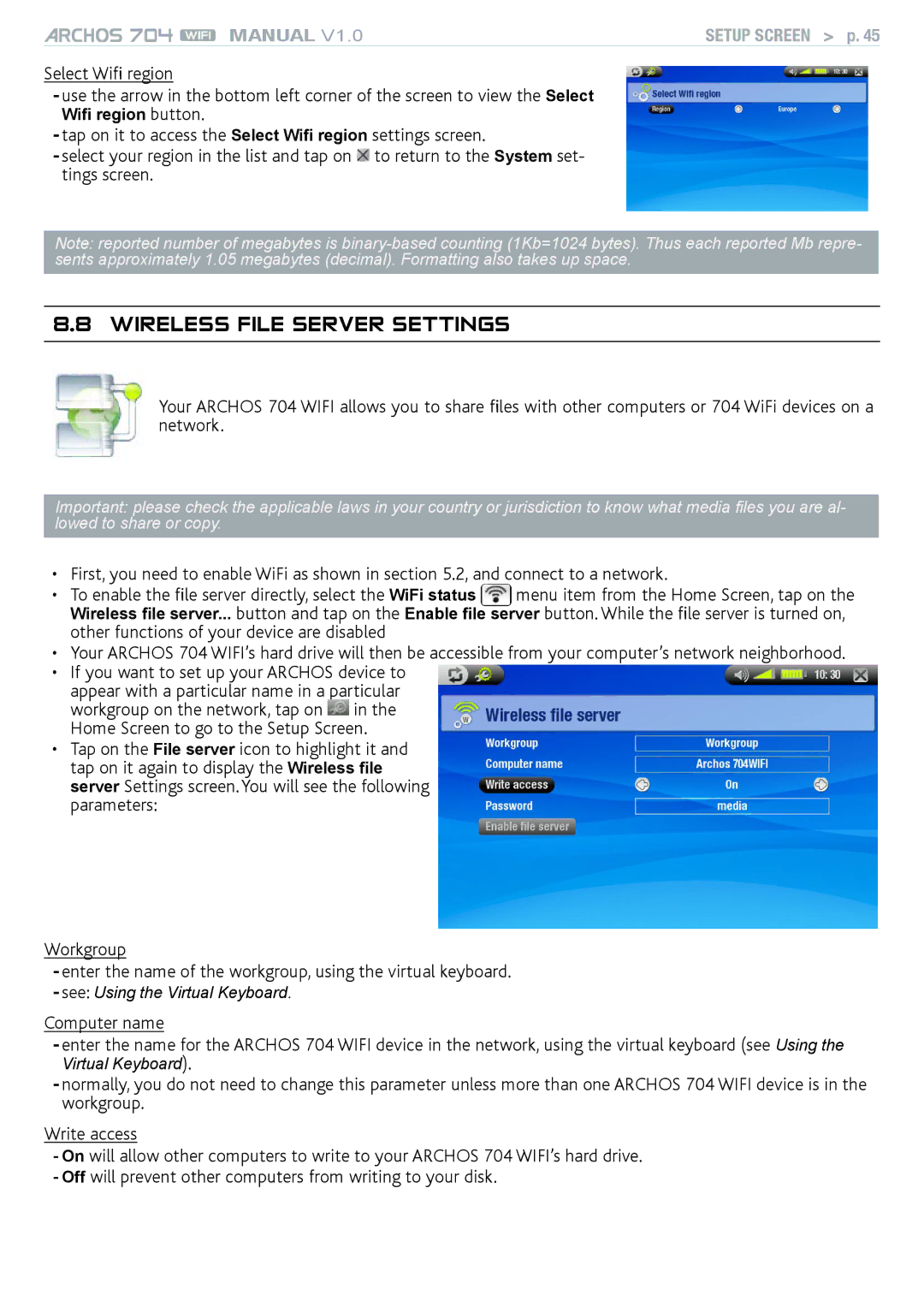 Archos 704 user manual Wireless File Server Settings 