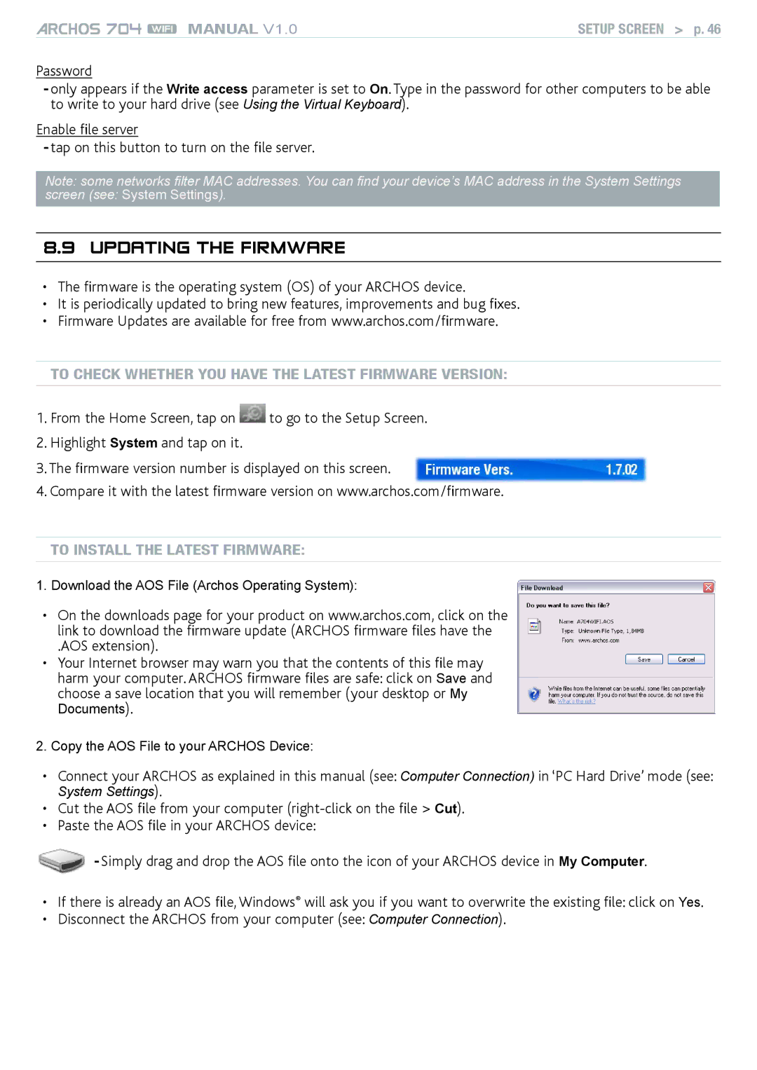 Archos 704 user manual Updating the Firmware, AOS extension, To Check Whether You Have the Latest Firmware Version 