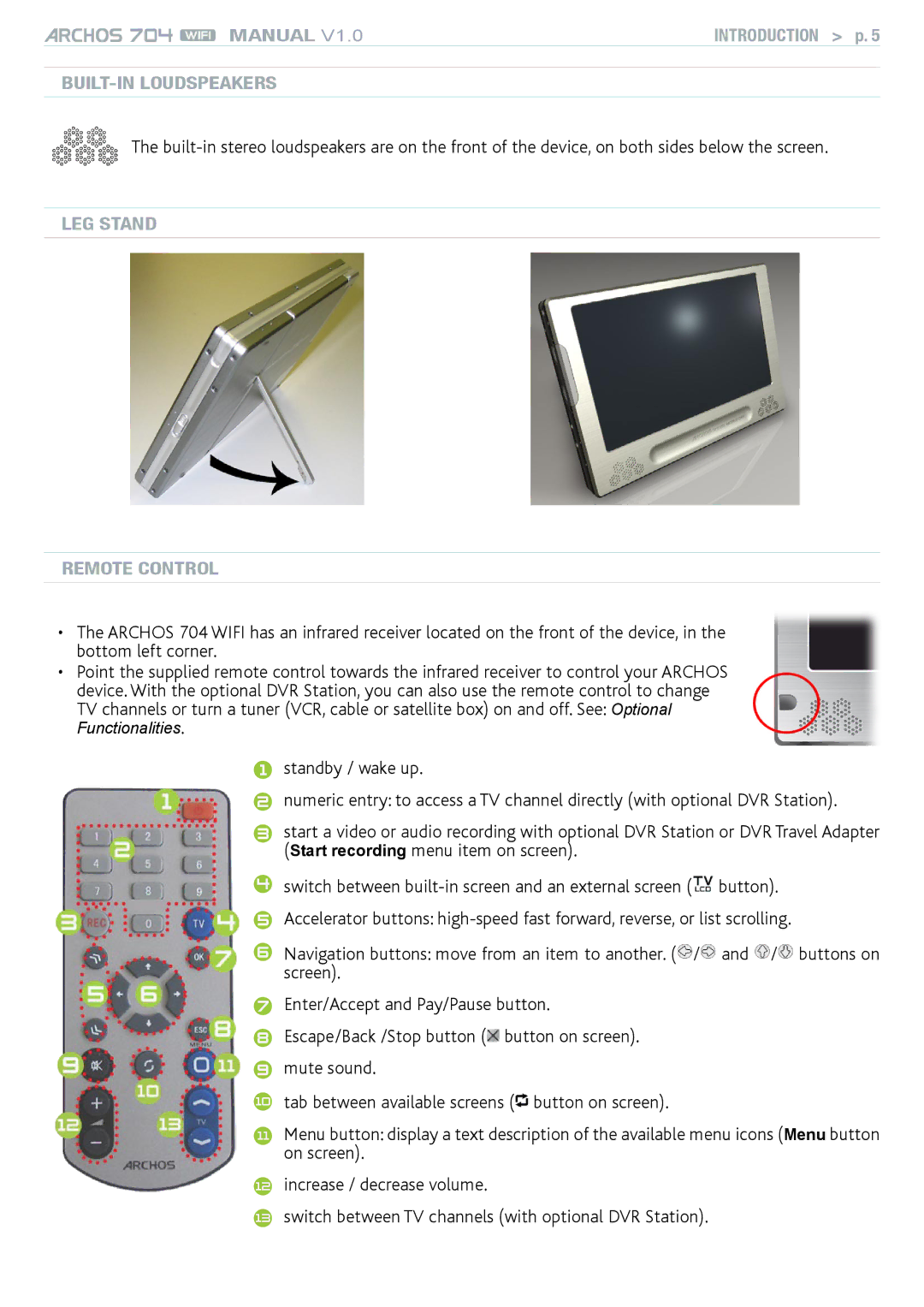 Archos 704 user manual Built-in Loudspeakers, Leg stand Remote control 