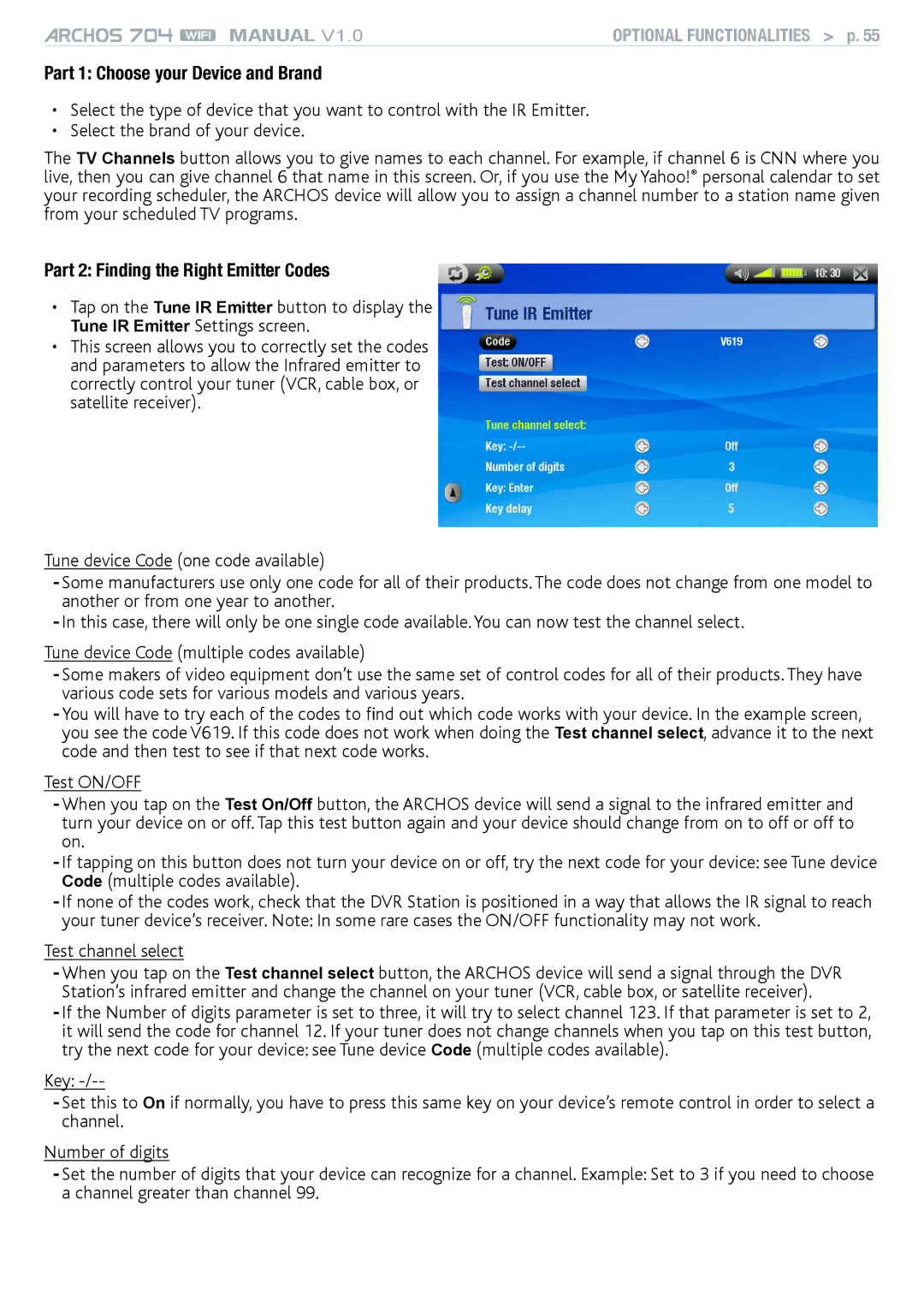 Archos 704 user manual Part 1 Choose your Device and Brand, Part 2 Finding the Right Emitter Codes 