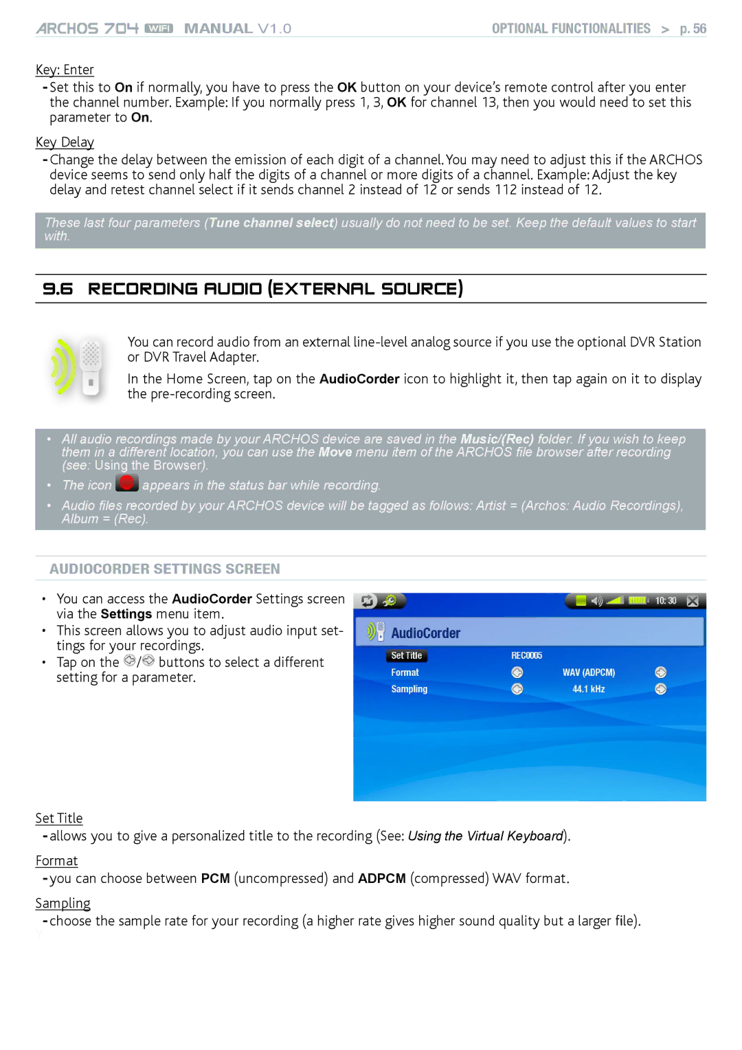 Archos 704 user manual Recording Audio external source, AudioCorder settings screen 