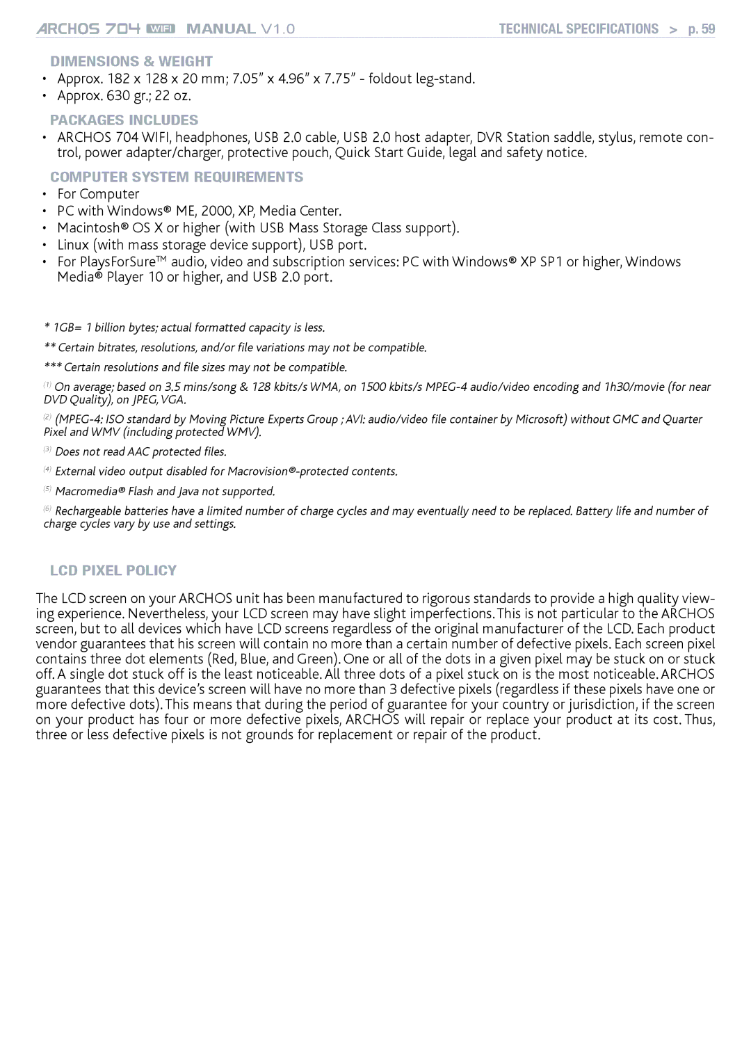Archos 704 user manual Dimensions & weight, Packages includes, Computer System Requirements, LCD pixel policy 