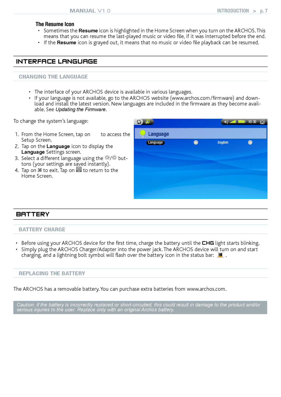 Archos 704 user manual Resume Icon, Changing the Language, Battery Charge, Replacing the Battery 