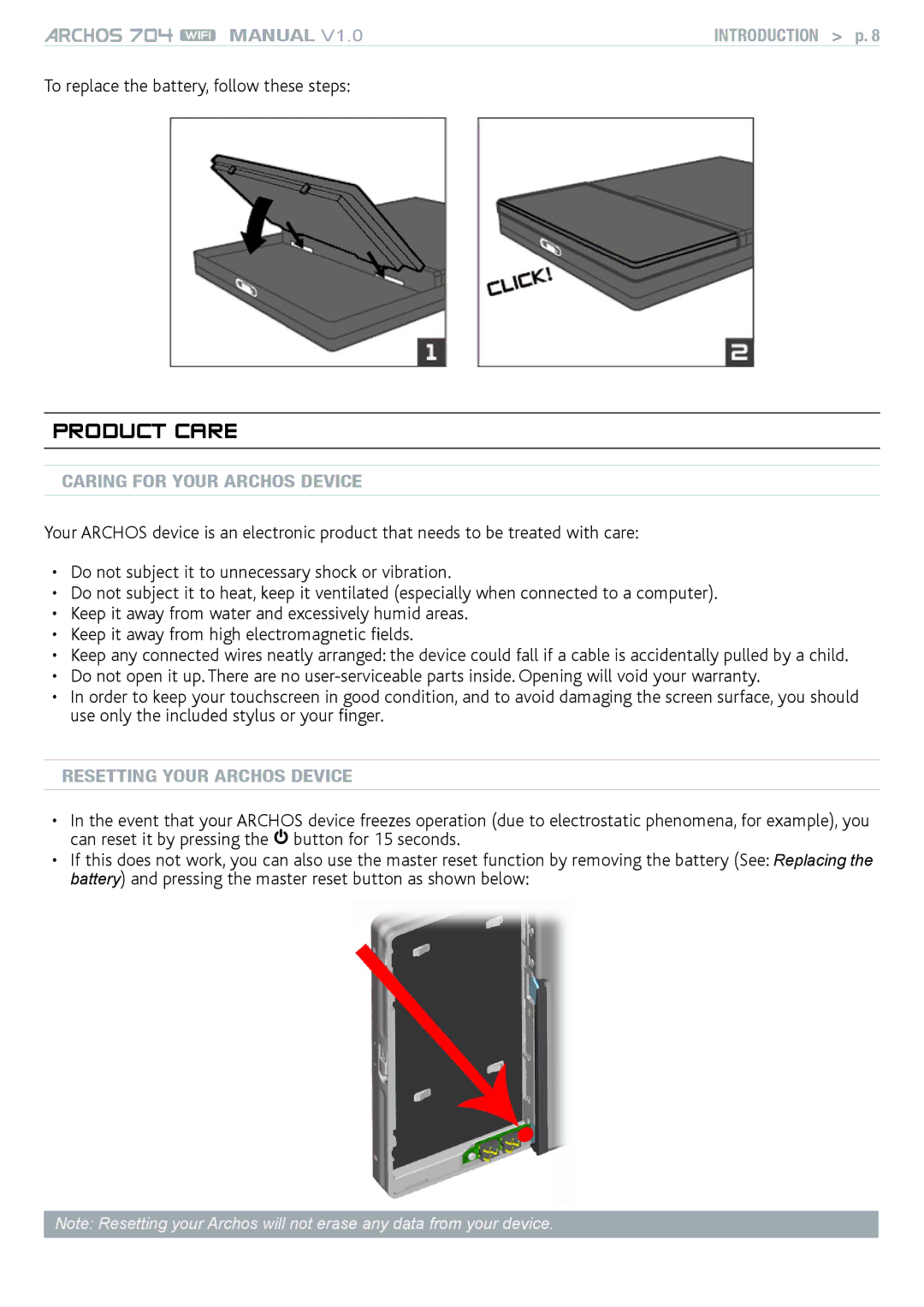 Archos 704 To replace the battery, follow these steps, Caring for your Archos Device, Resetting your archos device 