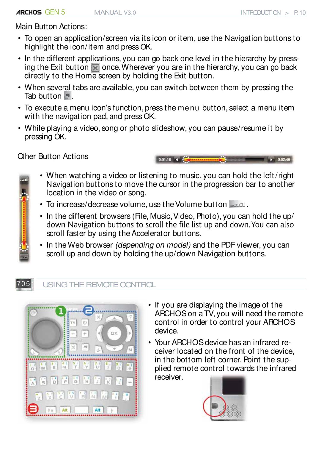 Archos 705 WIFI user manual Using the Remote Control 