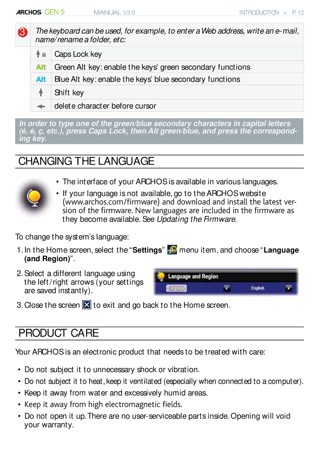 Archos 705 WIFI user manual Changing the Language, Product Care, To change the system’s language 