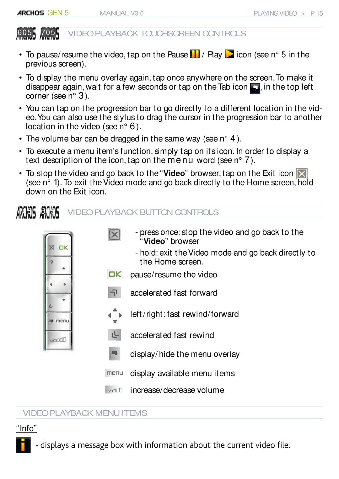 Archos 705 WIFI user manual 605 705 Video Playback Touchscreen Controls, 405 605 Video Playback Button Controls 