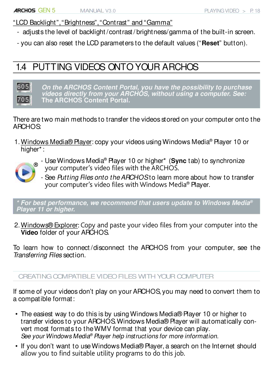 Archos 705 WIFI user manual Putting Videos Onto Your Archos, QWTEQORWVGTlUXKFGQÒNGUYKVJ9KPFQYU/GFKC Player 