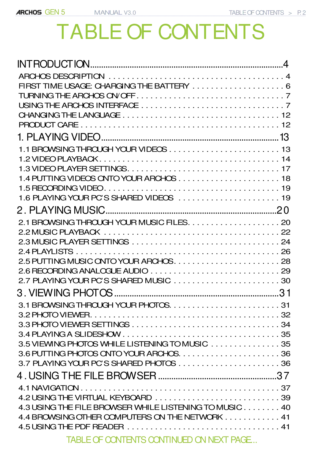 Archos 705 WIFI user manual Table of Contents 