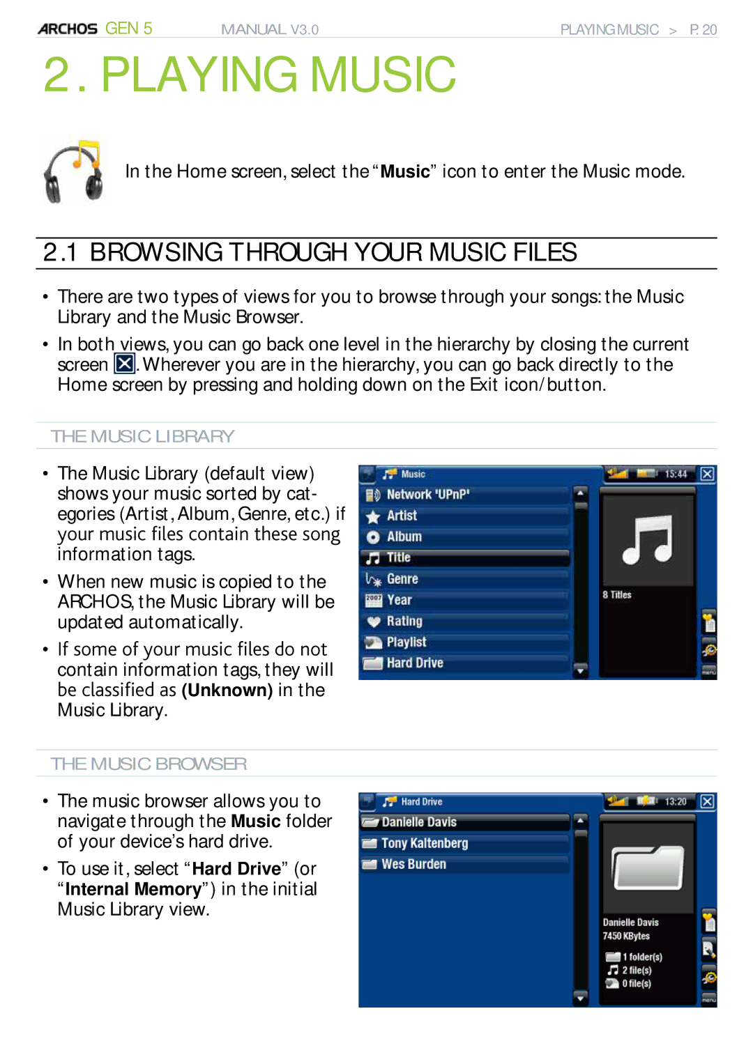 Archos 705 WIFI user manual Playing Music, Browsing Through Your Music Files, Music Library, Music Browser 