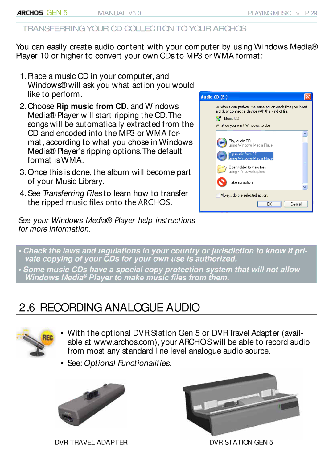 Archos 705 WIFI user manual Recording Analogue Audio, VJGTKRRGFOWUKEÒNGUQPVQVJG#4%*15 